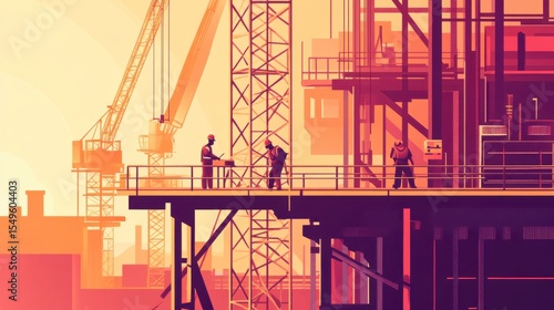 Wallpaper Mural Workers Collaborating on a High-Rise Construction Site with Cranes and Equipment Under a Warm Sunset Sky Creating an Urban Landscape Torontodigital.ca