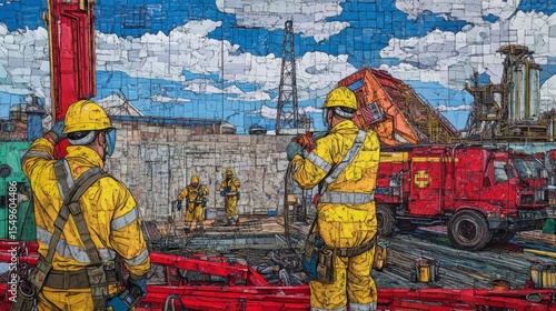 Wallpaper Mural Construction site scene depicting workers in yellow safety gear engaged in a busy operation with machinery, colorful structures, and a clear blue sky in the background Torontodigital.ca