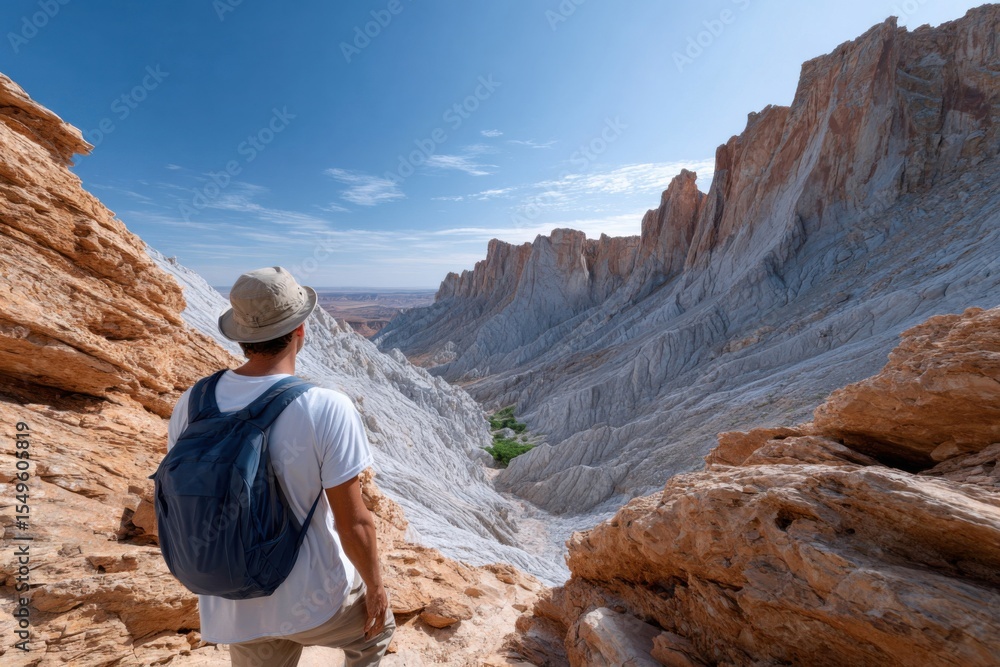 Tourist hiking and admiring stunning white canyon landscape in desert Tourist hiking and admiring stunning white canyon landscape in desert