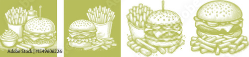 Green Halftone Stipple Vector Bundle of Hamburger and French Fries Isolated Clipart Set, Dotted Retro Pop Art Style Fast Food Illustration, Vintage Comic Print Design