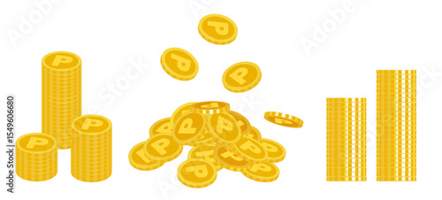  ポイントがザクザクたまってコインが重なっているイラスト(貯金 円 貯まる キャンペーン 販促 お得 ポイ活 ベクター 編集可能)