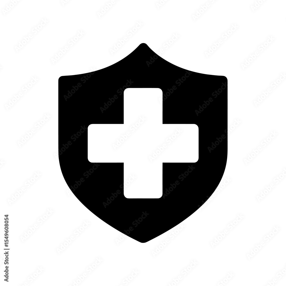 Fototapeta premium Medical protection icon with a cross in a shield for health insurance A glyph symbol representing healthcare security safety and guaranteed patient care