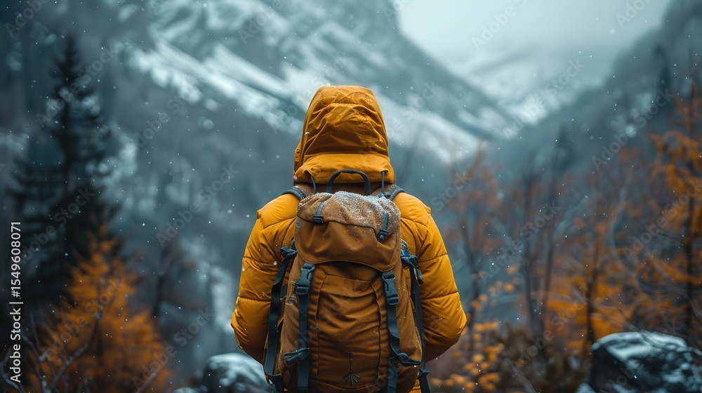 Fototapeta premium A solitary hiker clad in a bright yellow jacket stands before majestic mountains, capturing the essence of adventure and the beauty of nature in winter's embrace.