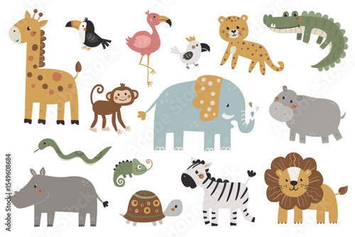 Vector set of cute African animals. Well suited for use in children's rooms, books, kindergarten and other kids design