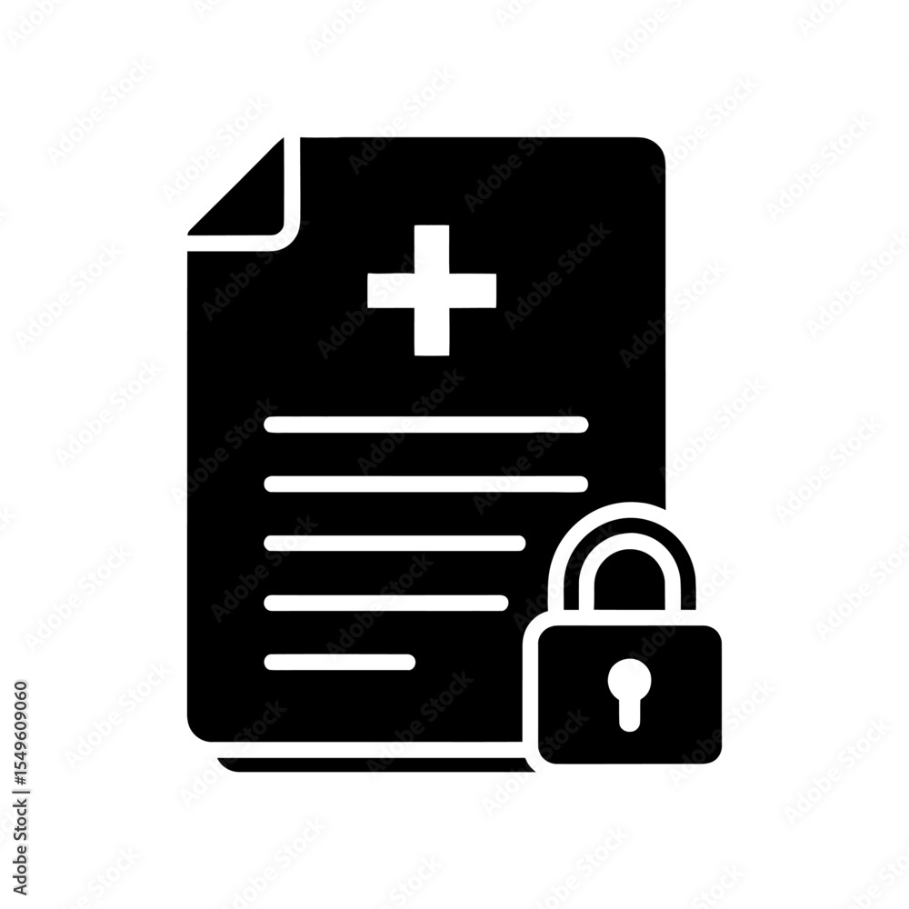 Fototapeta premium Secure Medical Record Icon Vector Glyph With Lock For Confidential Patient Data And Private Health Information HIPAA Compliant Document Protection