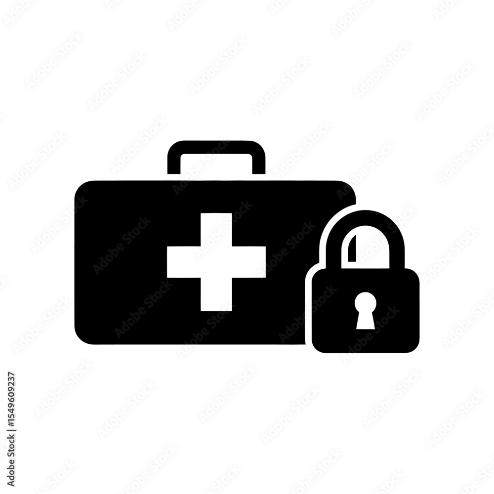 Obraz premium Secure Medical Kit Icon Vector Glyph With Lock For Protected First Aid Supplies And Confidential Healthcare Equipment Doctor Bag Security Symbol