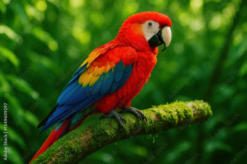 Scarlet Macaw with vibrant plumage on mossy tree branch Scarlet Macaw with vibrant plumage on mossy tree branch