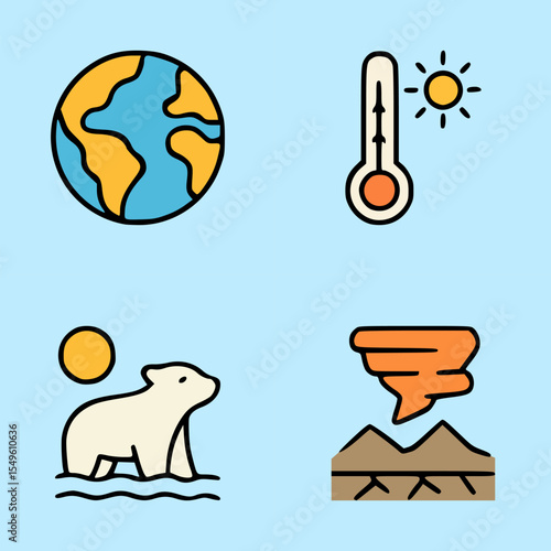 Colorful vector icons representing global climate crisis, hot weather, endangered animals, and natural hazards