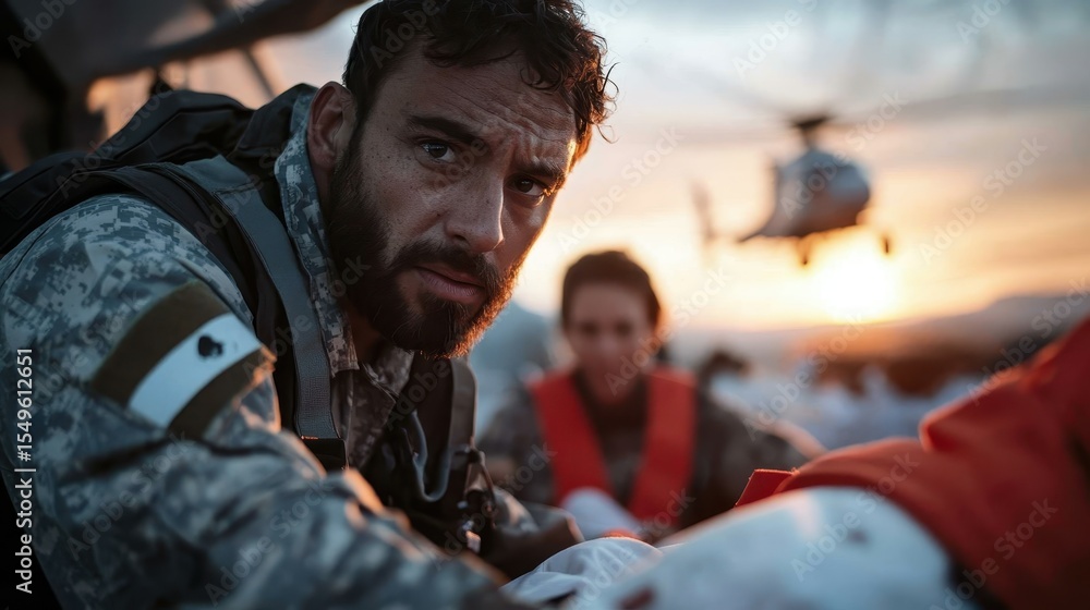 Fototapeta premium A dedicated military personnel focuses intently during a rescue operation at sunset, showcasing commitment and bravery in life-saving missions amidst challenging circumstances.