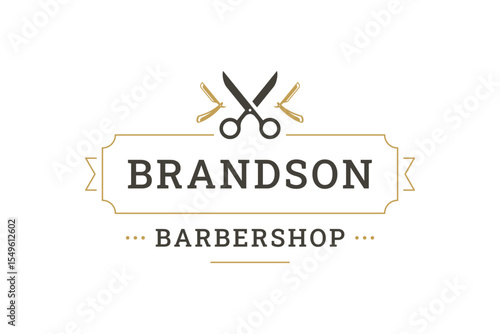 Classic barbershop logo featuring scissors and razor, elegant retro typography, vintage design, and grooming emblem. Vector illustration