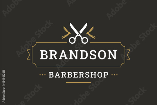 Stylish vintage barbershop logo featuring crossed scissors and razor, elegant typography, and retro design elements. Perfect for grooming services and male hairdressing businesses. Vector illustration