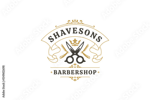 Classic retro barbershop logo design with scissors, razor, and crown. Ideal for branding professional grooming services, hairdressing businesses, and logos. Vector illustration