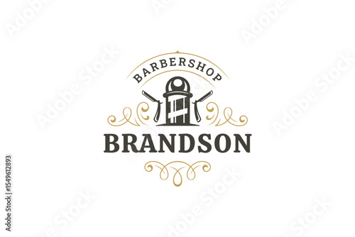 Classic retro barbershop logo design featuring a barber pole, razor, and ornate elements. Perfect for branding grooming services, hairdressing, and barbershop businesses. Vector illustration