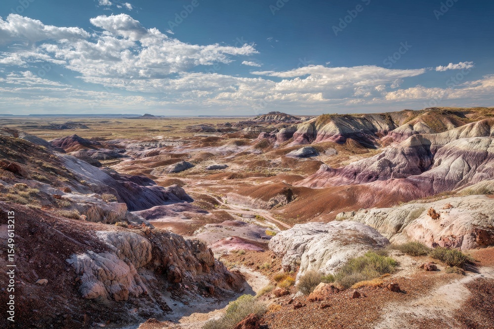 Obraz premium Enjoying the stunning views of Petrified Forest National Park where eroded colors shine Blue Mesa features a lovely hiking trail through bentonite clay badlands