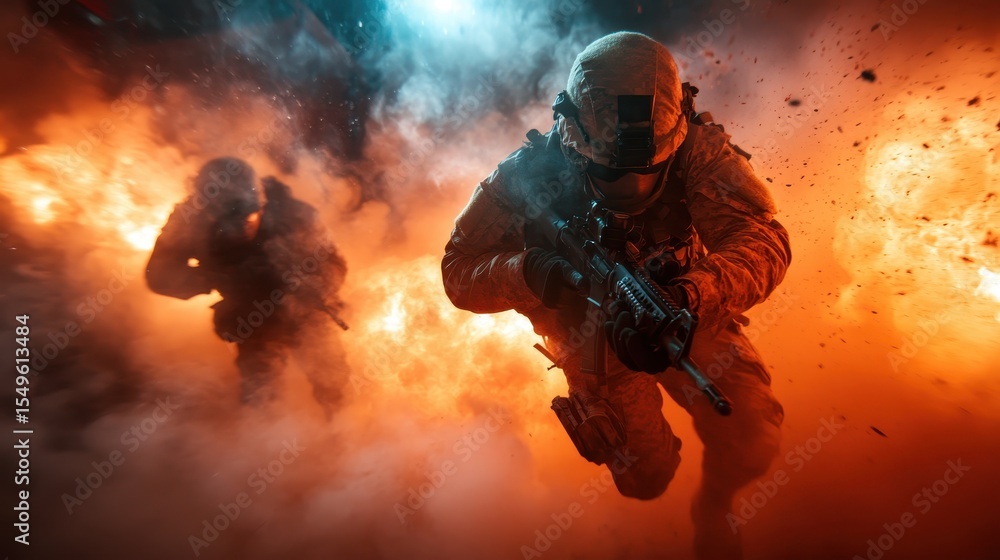 Fototapeta premium Two soldiers navigating through a smoke-filled battlefield, illuminated by orange explosions, showcasing the raw intensity and chaos of modern warfare and heroism.