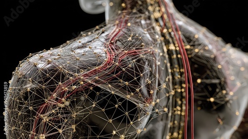 3D nanotech visual of responsive smart fabric adjusting to body posture, temperature changes, and wearable power flow using embedded quantum mesh 