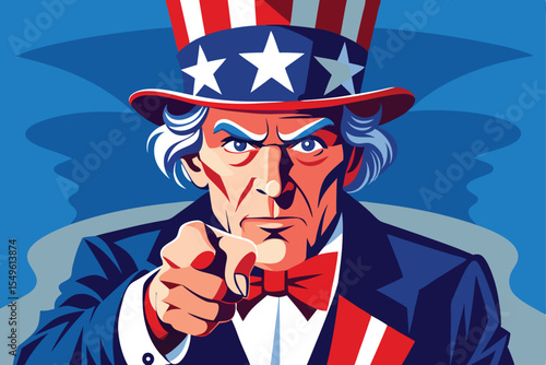 Uncle Sam Pointing Illustration with American Flag Hat and Bow Tie