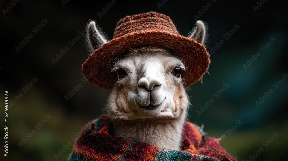 Naklejka premium A charming llama wearing a colorful hat and shawl, exuding a playful personality and a whimsical charm that captivates anyone who encounters this adorable animal.