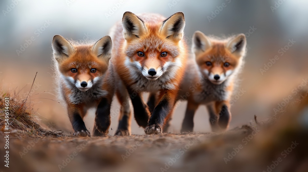 Obraz premium A family of three foxes walks together through a misty wilderness, showcasing their enchanting presence in nature and emphasizing themes of family and wildlife.