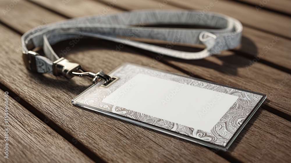 Identity Card Badge with Lanyard on Wooden Desk Identity Card Badge with Lanyard on Wooden Desk