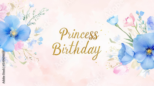Fototapeta Naklejka Na Ścianę i Meble -  Princess Birthday Floral Invitation. A beautiful floral design for a princess birthday celebration, featuring delicate watercolor flowers and elegant gold lettering.