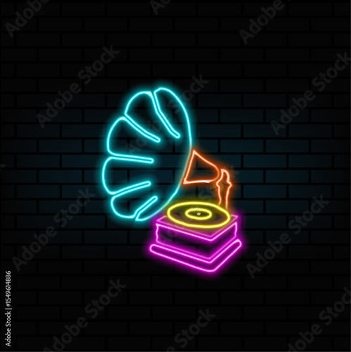 neon style.silhouette of gramophone starting notes. Gramophone vector glyph icon. music sign.