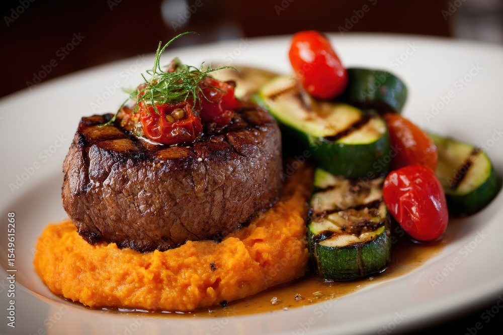 Tender beef filet topped with foie gras accompanied by creamy sweet potato puree grilled zucchini and cherry tomatoes An exquisite dish in an elegant atmosphere Tender beef filet topped with foie gras accompanied by creamy sweet potato puree grilled zucchini and cherry tomatoes An exquisite dish in an elegant atmosphere