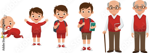 Male growth stages cartoon illustration, baby to senior, character aging process, boy growing older, timeline of life development, vector graphic for education and health concepts.