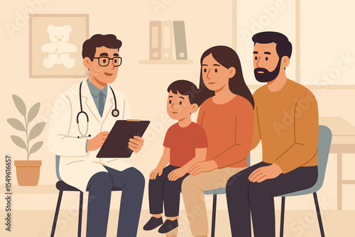 Family consulting doctor in pediatric clinic interior
