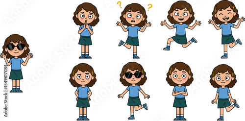 Cartoon girl showing various emotions, cute female character expressions, schoolgirl in different moods, vector illustration for education, emotion chart, classroom design, and children content.
