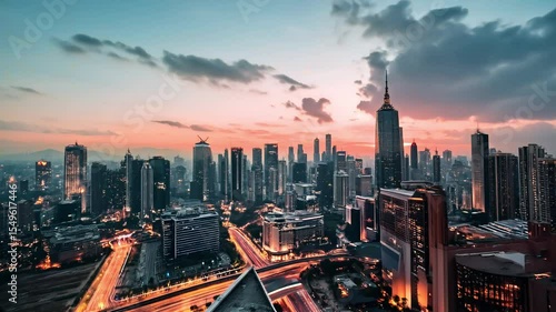 Sunset Time-Lapse of Modern City Skyline | Urban Evening Aerial View in 4K