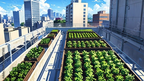 Realistic Anime Rooftop Urban Farm with Solar Panels