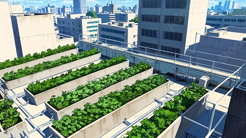 Realistic Anime Rooftop Urban Farm with Solar Panels