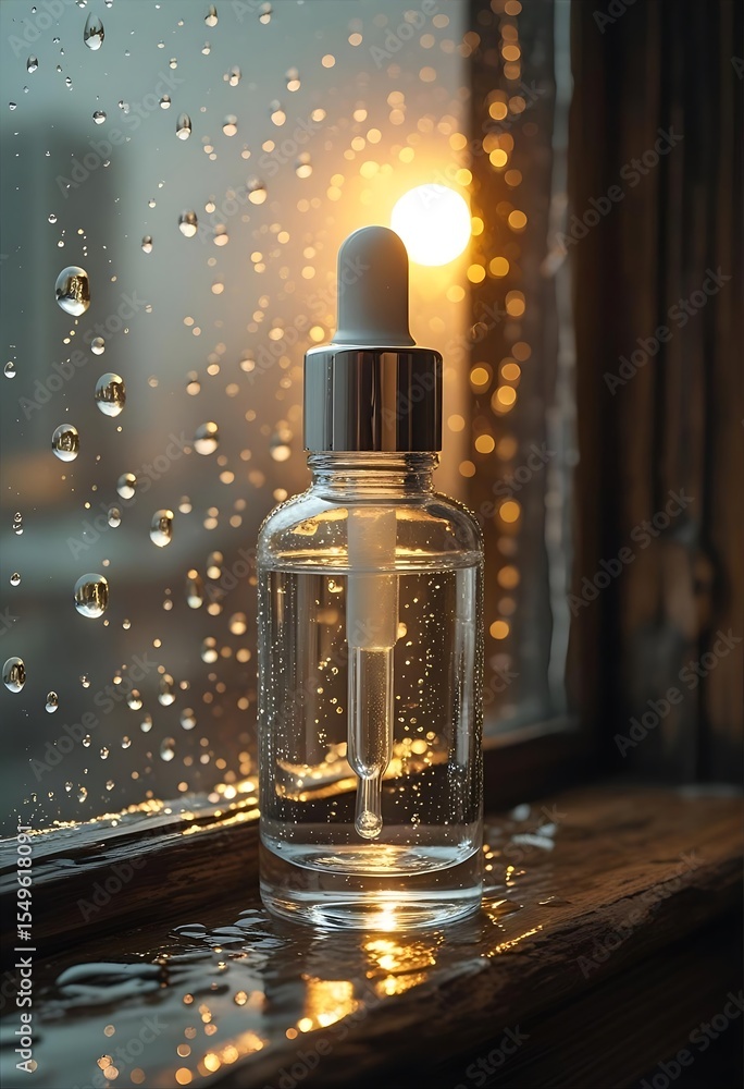 Naklejka premium Dropper bottle with raindrops and bokeh