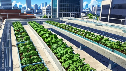 Realistic Anime Rooftop Urban Farm with Solar Panels