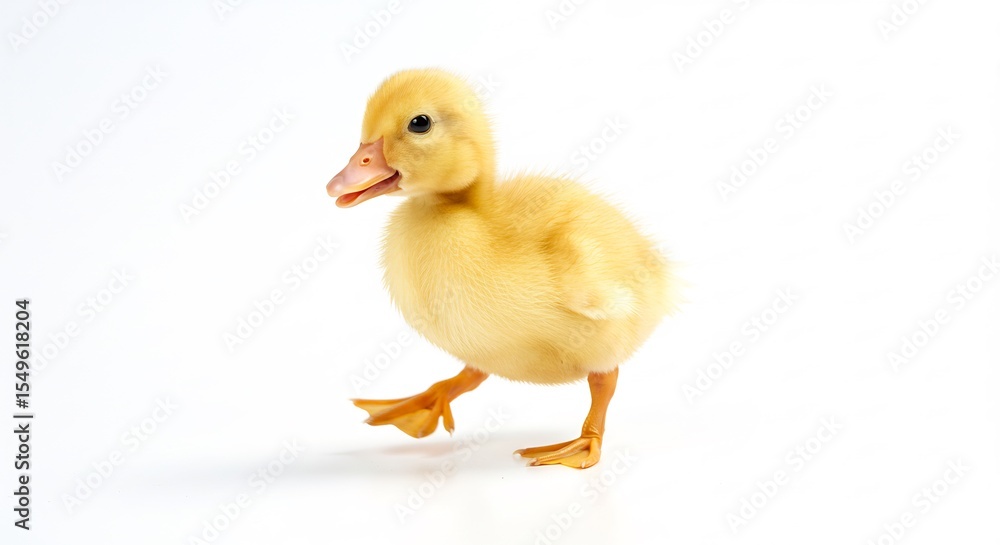 Adorable fluffy duckling walks playfully against bright white background. AI Generated Adorable fluffy duckling walks playfully against bright white background. AI Generated