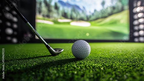 Golf club and ball on artificial turf, projected course in background