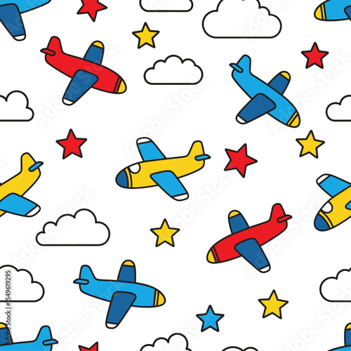 Colorful cartoon airplanes in red, yellow, and blue flying among clouds and stars on a white background. Vector Patterns Random Pattern