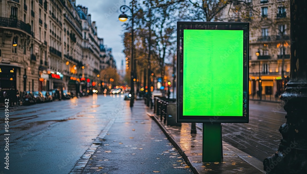 Naklejka premium Empty green screen billboard on Parisian street at twilight