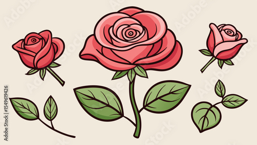 Elegant Rose Set Buds, Blooms & Leaves - Vector Illustration