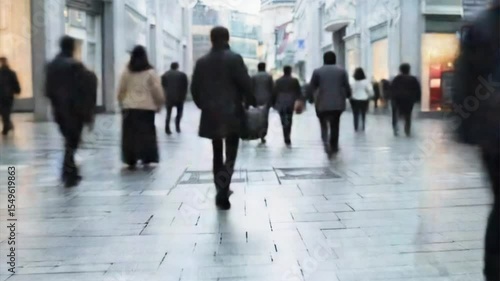 Blurred background of people walking down a shopping street, showing fast paced Traffic Flow and Speed Blur in soft time lapse motion effect