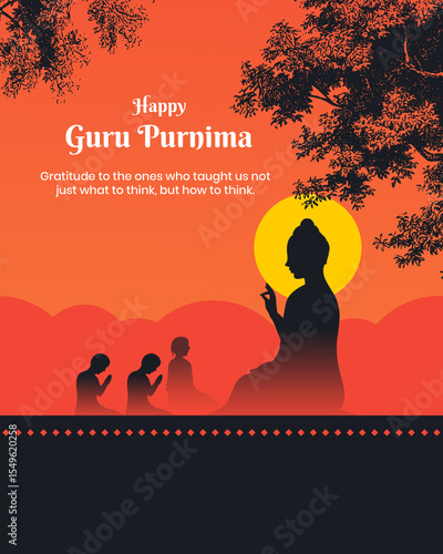 Guru Purnima Celebration Poster with Buddha Silhouette and Disciples