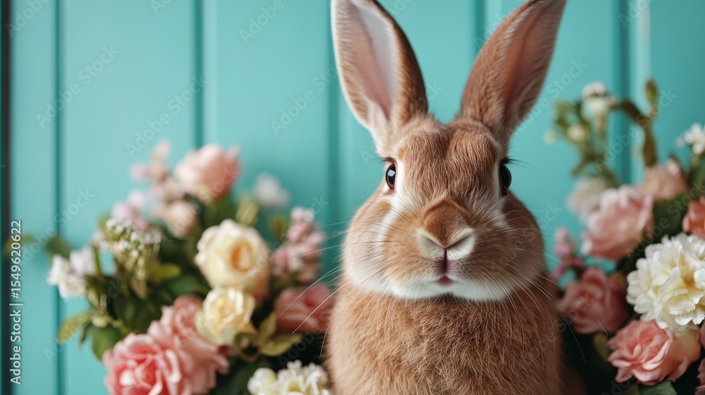 Fototapeta premium A charming rabbit sits gracefully amidst a vibrant bouquet of flowers, exuding cuteness and joy while reflecting the beauty of nature in spring and festivity.