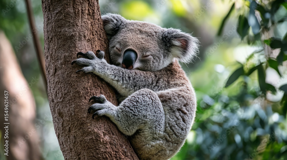 Fototapeta premium A sleepy koala, minimalist style, clinging to a eucalyptus tree, soft natural light, with a forest canopy in the background