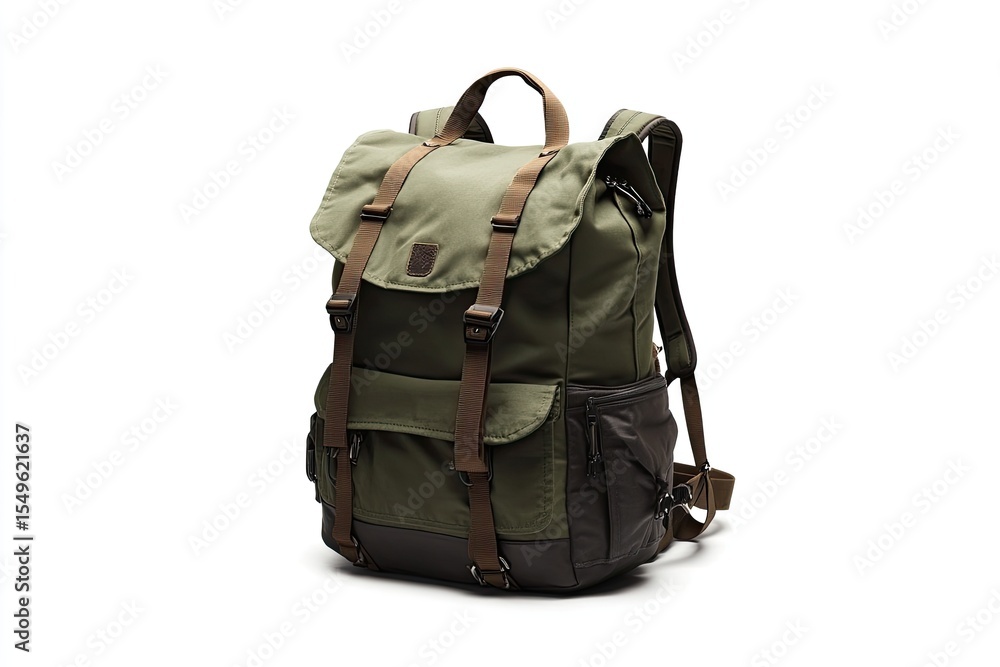 Fototapeta premium Olive green backpack with brown accents