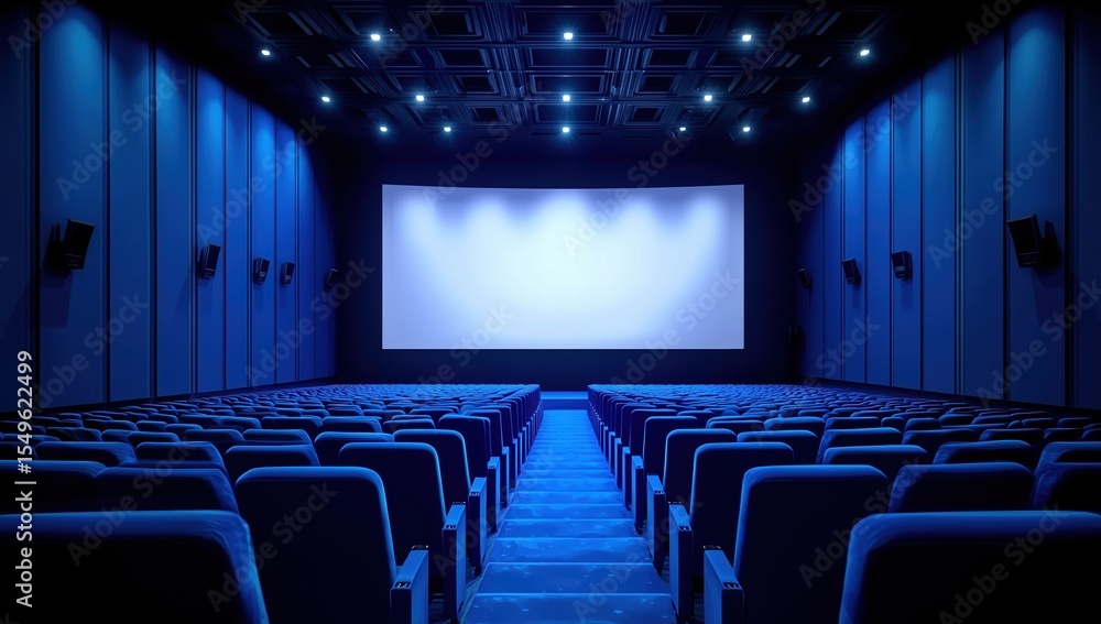 Obraz premium Vast cinema auditorium with rows of blue curved seats facing empty illuminated screen, high angle rear view capturing spacious interior architecture and hyperreal cinematic atmosphere.
