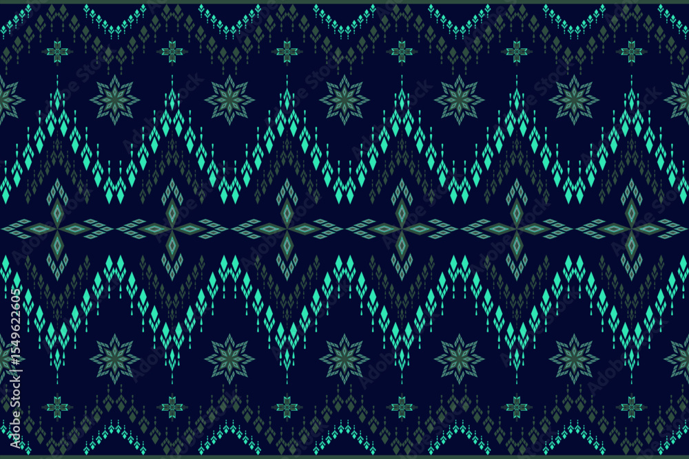 Fototapeta premium A dark blue native woven fabric pattern blending geometric and floral motifs in teal and dark green tones, creating a calm and mysterious feel.