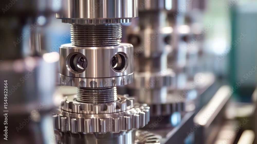 A close-up of a metallic gear assembly with a blurred industrial background. A close-up of a metallic gear assembly with a blurred industrial background.