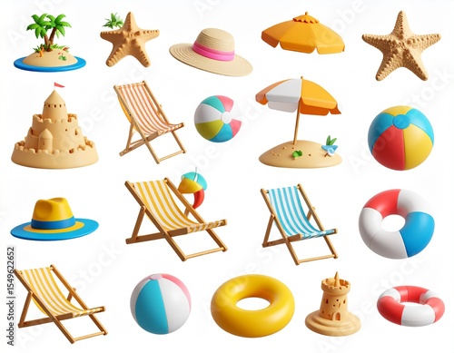 beach 3D vector icon set._island,starfish,sunglasses,beach hat,sand castle,swim ring, 