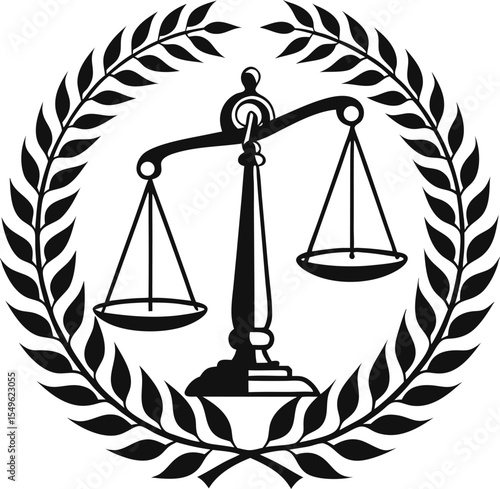 Bold justice-themed silhouette vector of courtroom elements: law books, justice scale, and mallet, ideal for legal branding.